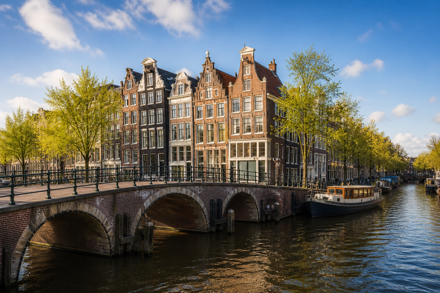 Amsterdam canal houses with a bridge over the water